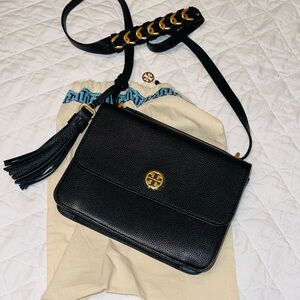 Tory Burch Black Pebbled Leather Crossbody with Gold Logo and Tassel NEW